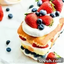 No Bake Red White and Blue Cake | This easy no bake red white and blue cake is a 4th of July dessert recipe that you don’t want to miss. This no bake cake recipe is filled with whipped cream and fresh summer berries for a summer dessert recipe that everyone will love. Make this as a Memorial Day dessert recipe or Labor Day dessert recipe too.