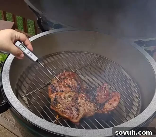 Herb Crusted Leg of Lamb on the grill with thermometer checking temp