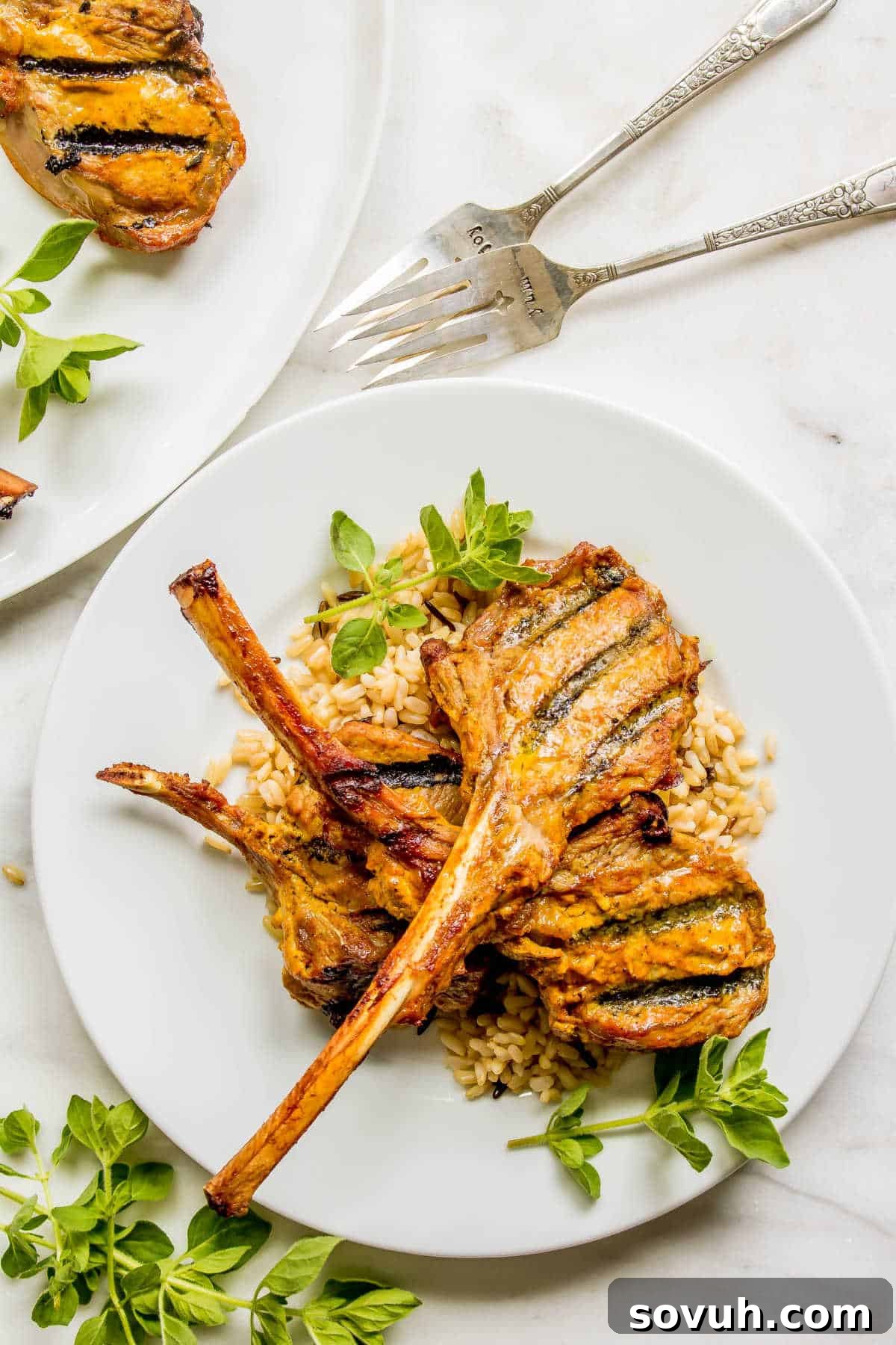 Close-up of perfectly grilled Tandoori Lamb Chops on a bed of brown rice and fresh herbs, showcasing their succulent texture.