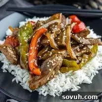 plate with Easy Pepper Steak over white rice