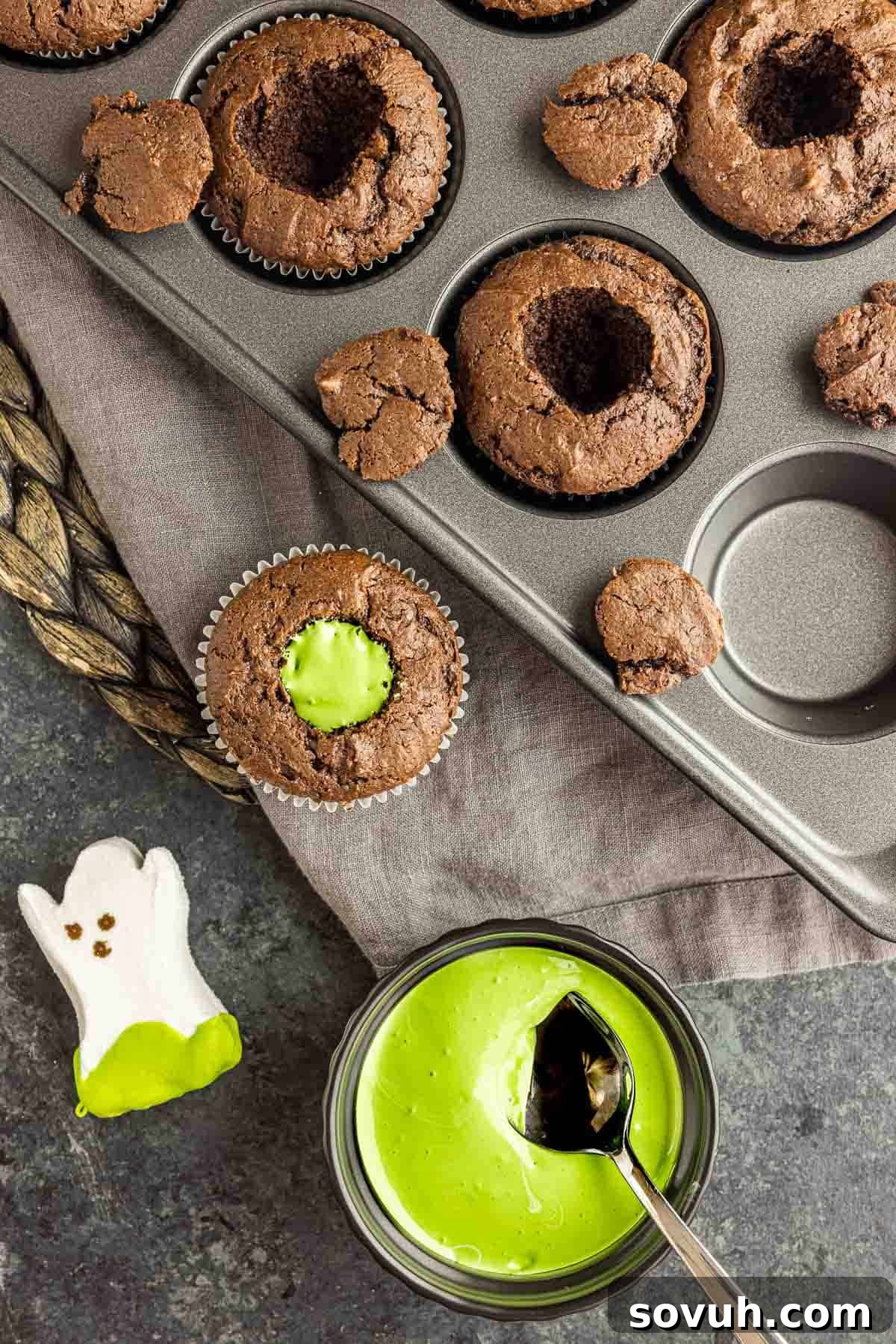 Step-by-step image showing how to fill Ghost Goo Halloween Cupcakes