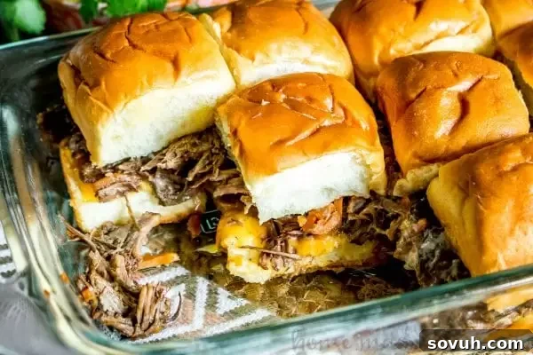 short rib sliders baked in a casserole dish