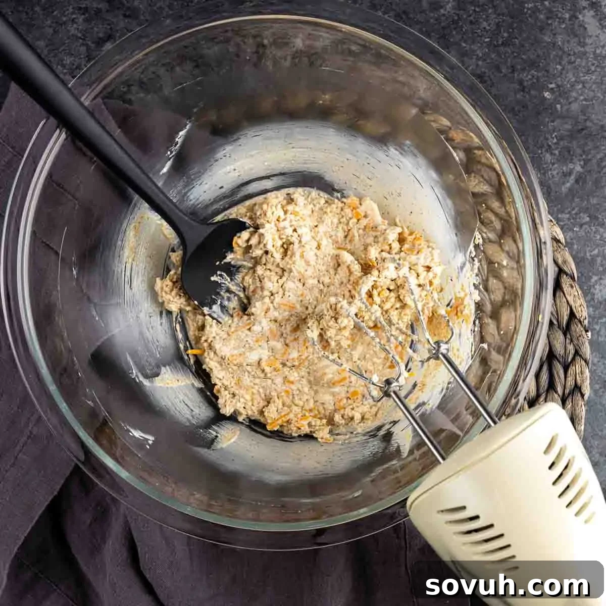 A bowl of Crab Pretzel with a hand mixer