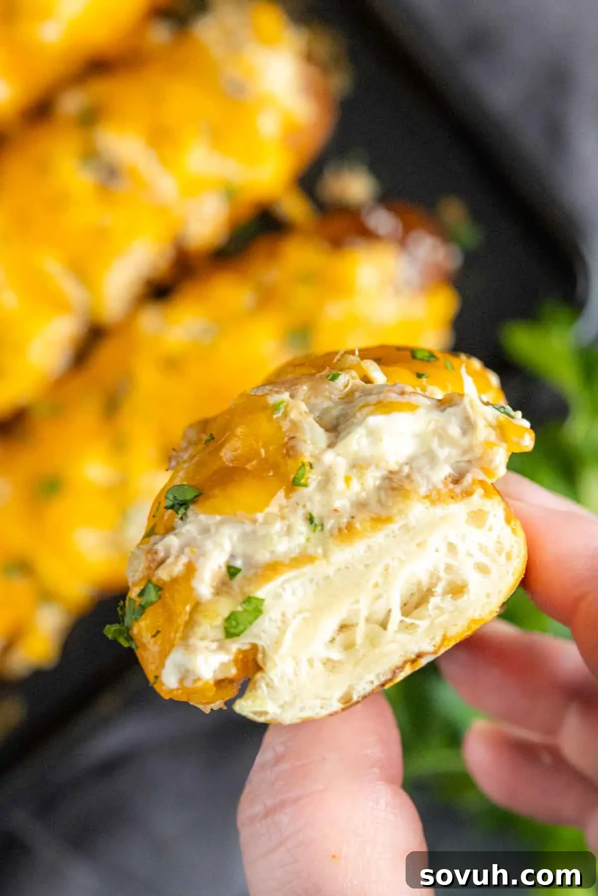 A person holding a piece of cheesy Crab Pretzel