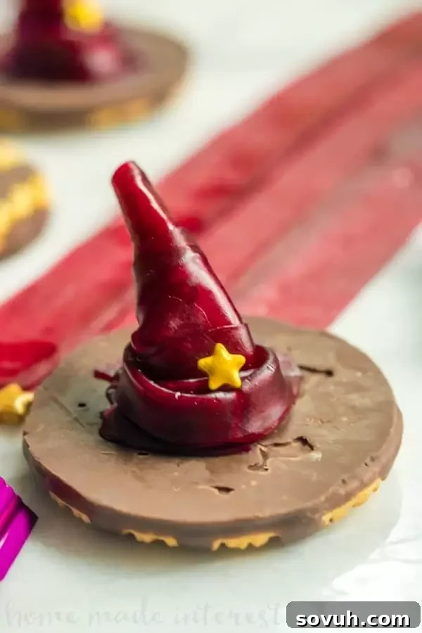 Close-up of a homemade edible witch's hat made from fruit rolls