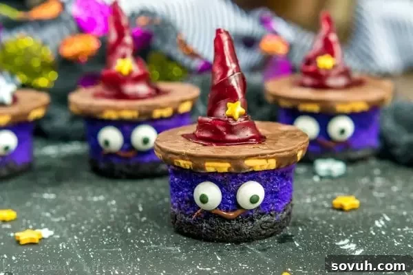 Final display of Mini Witch Cheesecakes, ready for a Halloween party