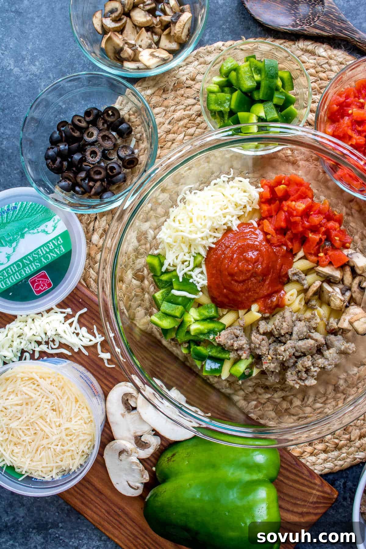 mixing ingredients to make pizza casserole