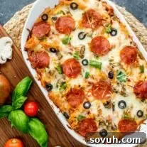 pizza casserole in white casserole dish