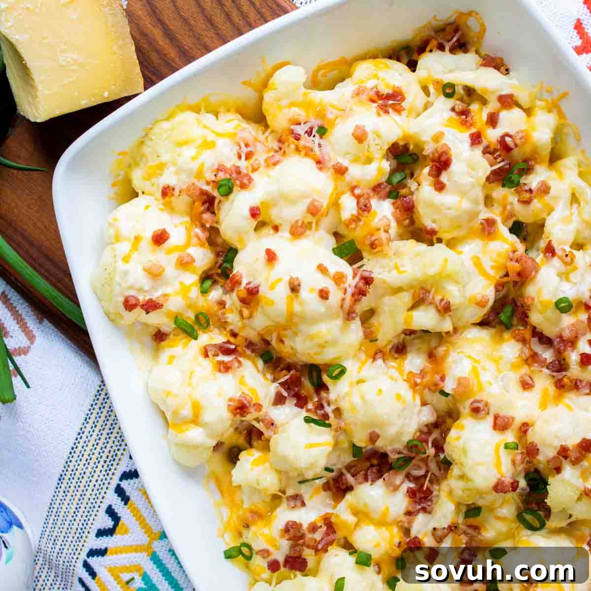 A delicious baked cauliflower with cheese casserole, perfect for keto meals and holidays