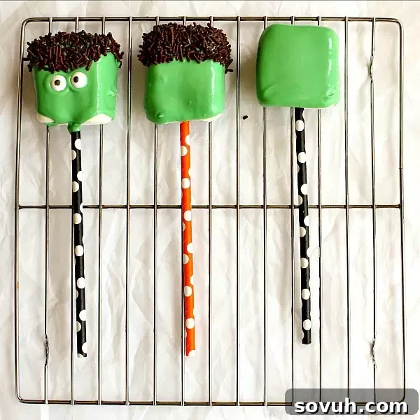 A step-by-step guide showing how to dip marshmallows in green candy melts and add chocolate sprinkles for Frankenstein's hair.