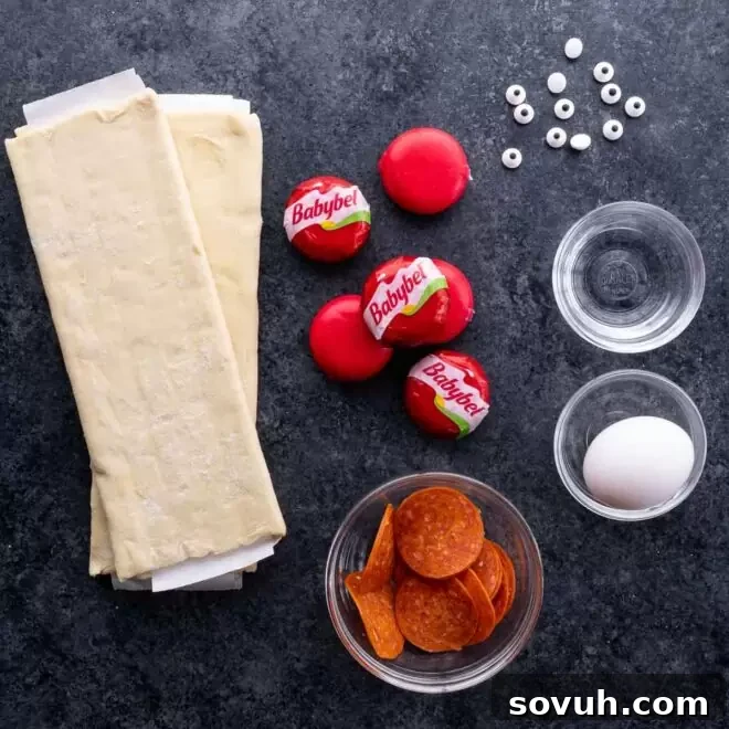Ingredients for Halloween Baked Cheese including Mini Babybel, puff pastry, pepperoni, egg, and edible eyes.
