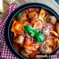 bowl of Ravioli and Sausage Slow Cooker Casserole