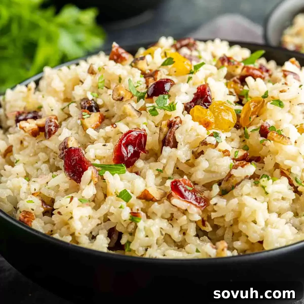A beautiful bowl of Pecan Rice Pilaf, garnished with fresh herbs and dried cranberries, ready to be served.