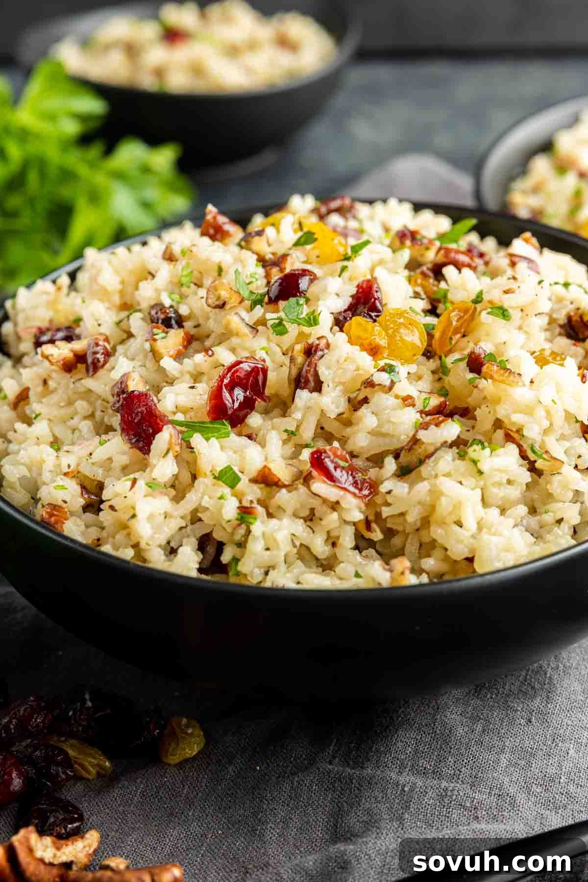 A close-up shot of a bowl of fluffy Pecan Rice Pilaf, showcasing its texture and the golden brown pecans.
