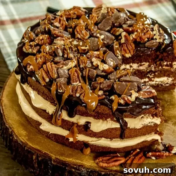 3 layer brownie cake with caramel frosting, a perfect Thanksgiving dessert
