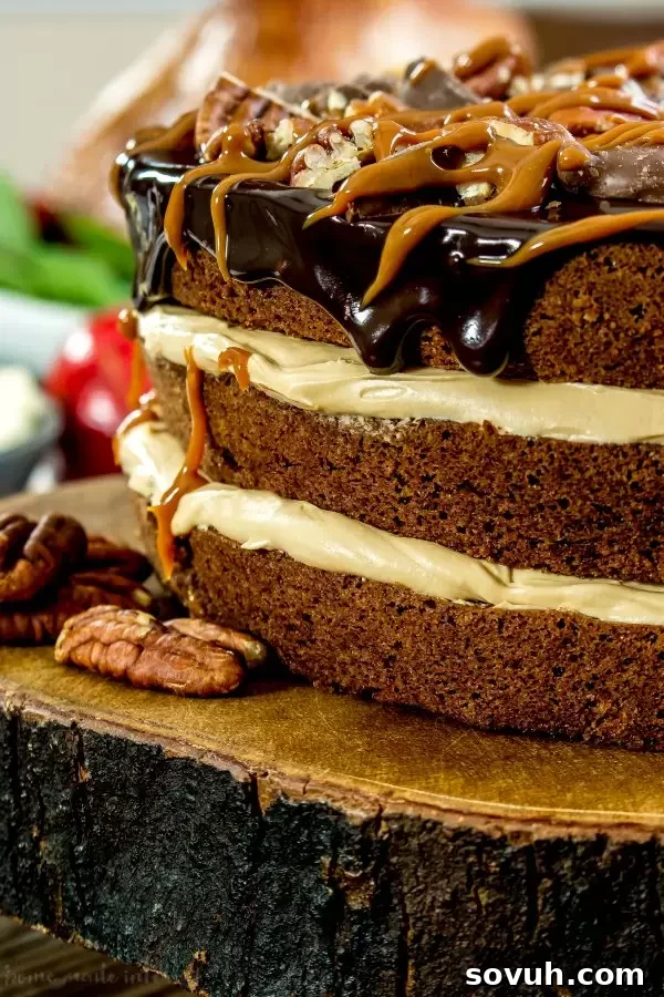 3 layer brownie cake with rich caramel and ganache filling