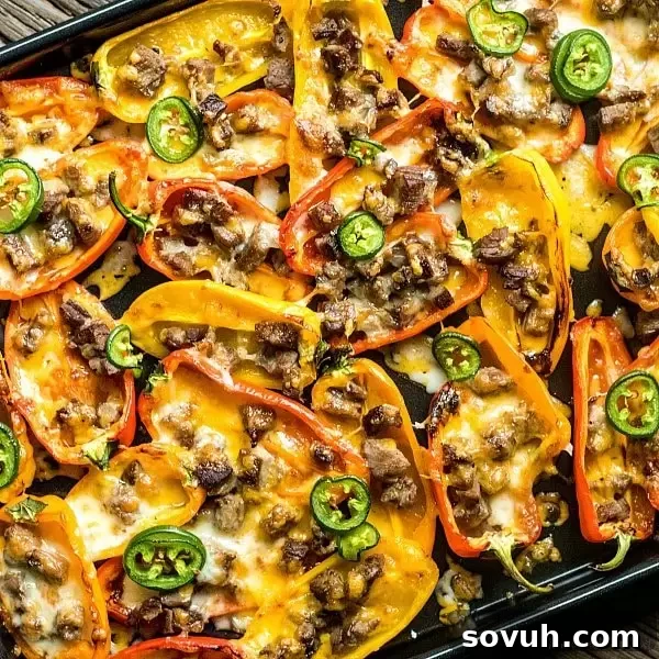 Low carb nachos filled with carne asada, cheese, and jalapenos, a healthy and delicious game day snack.
