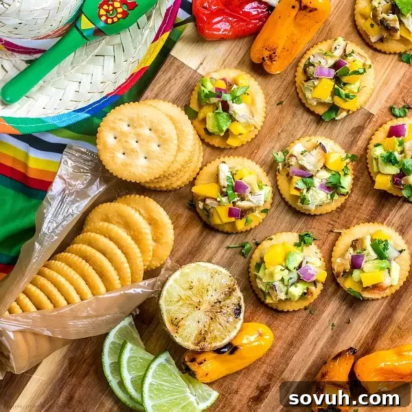 Grilled Mango Chicken Salad on a RITZ cracker with fresh ingredients