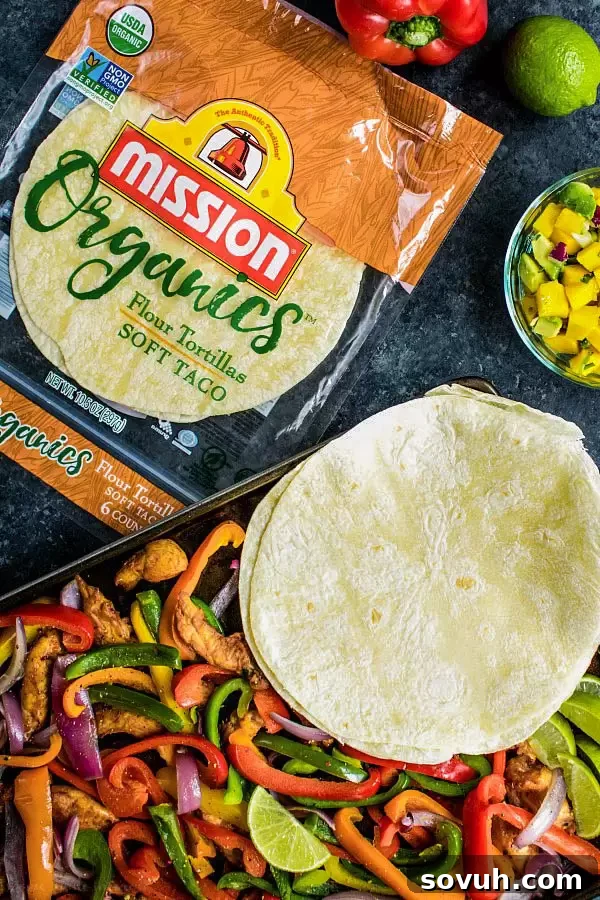 Mission Organics tortillas and sheet pan chicken fajitas displayed
