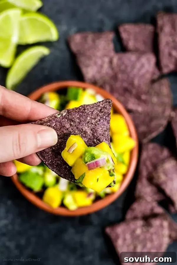 Blue tortilla chip with homemade mango salsa