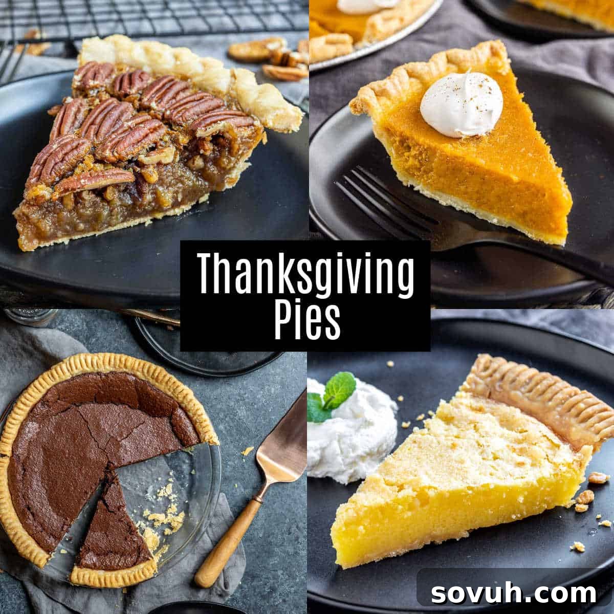 A collage featuring various Thanksgiving pies, including pecan, pumpkin, and apple, beautifully arranged to inspire holiday baking.
