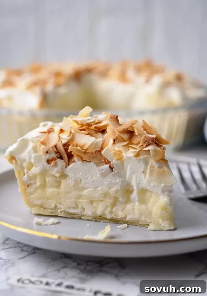 A delectable slice of Coconut Cream Pie, generously topped with toasted coconut flakes, promising a tropical escape.