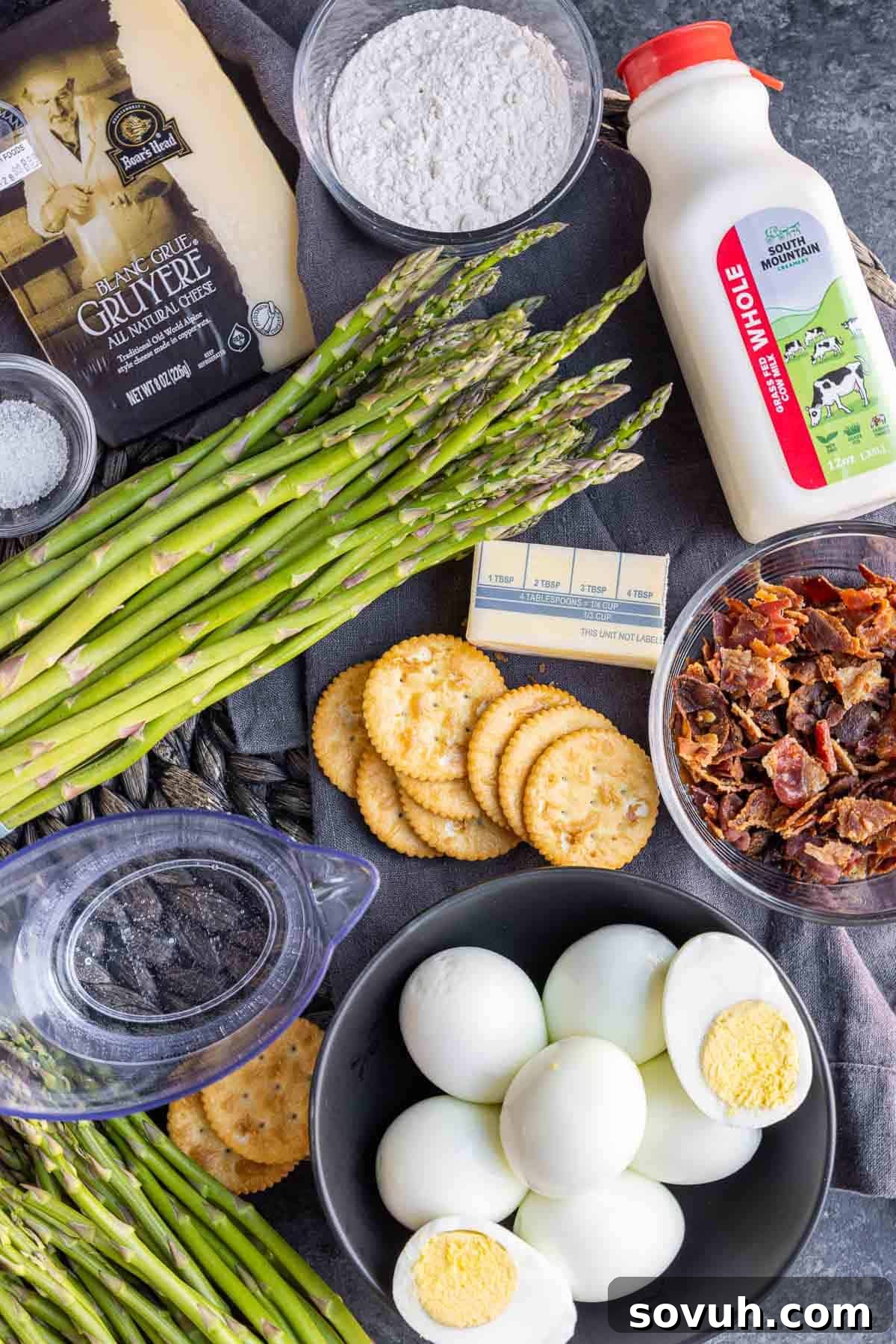 ingredients for Asparagus Casserole laid out on a table
