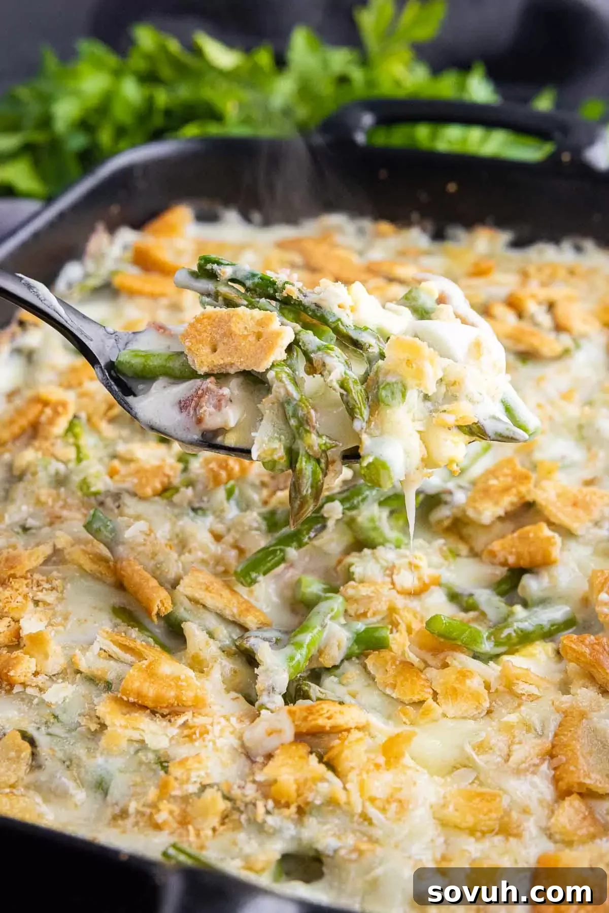 serving Asparagus Casserole topped with Ritz crackers on a green plate