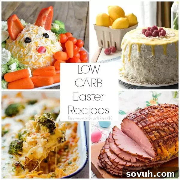 A vibrant collage of enticing low carb Easter menu ideas, featuring a festive spread for brunch, lunch, and dinner, with a clear text overlay for 'Low Carb Easter Recipes'.