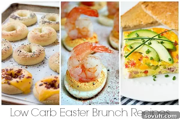 A collage showcasing diverse keto Easter brunch ideas, including egg dishes, savory bites, and fresh produce, all arranged attractively.