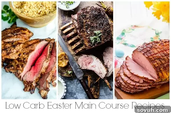 A selection of delicious low carb and keto Easter dinner menu ideas, showcasing a variety of main courses like ham, lamb, and chicken, ready for a festive feast.