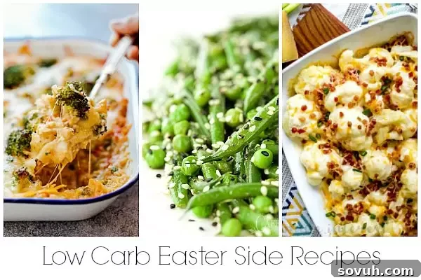 A colorful collage of keto Easter side dishes, showcasing a variety of healthy and flavorful vegetable-based options to complement any holiday meal.