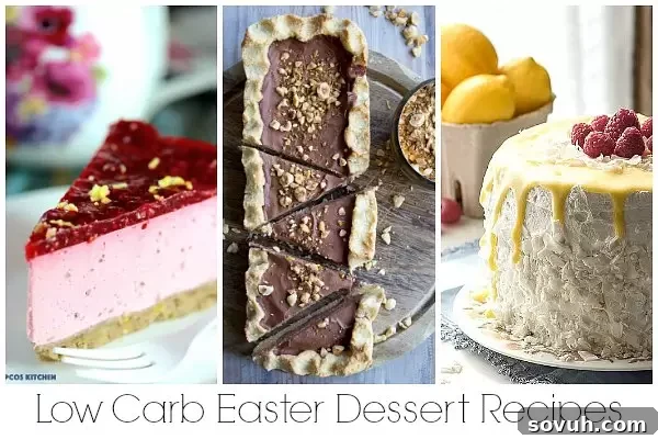 A delightful collage of low carb Easter desserts, showcasing sugar-free cakes, pies, and cookies, perfect for a guilt-free holiday treat.