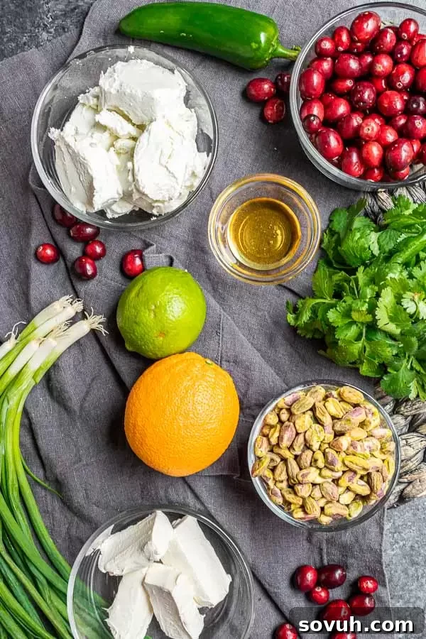 All the fresh ingredients for Cranberry Goat Cheese Log laid out, including cranberries, goat cheese, cream cheese, pistachios, cilantro, green onions, jalapeño, orange, lime, and honey.