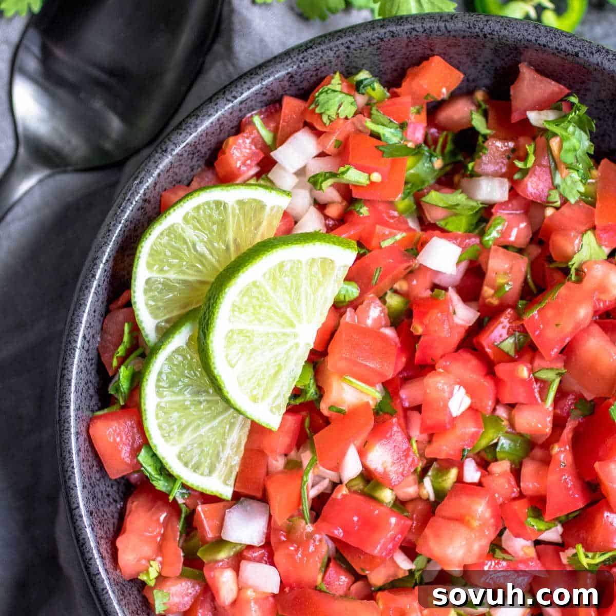 Garden Fresh Salsa 2 Salsa Fresca in a black bowl with three lime wedges