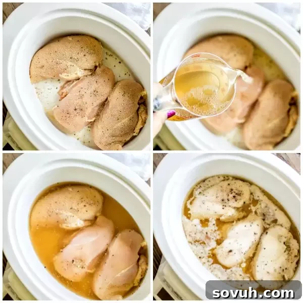 Step-by-step pictures showing how to make slow cooker shredded chicken: chicken in pot, seasoned chicken, cooked chicken