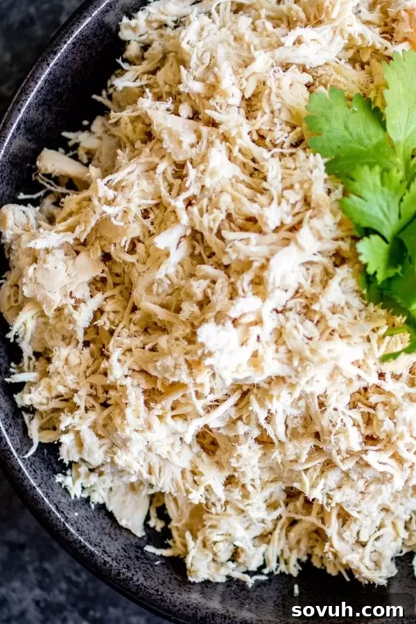 slow cooker shredded chicken in a bowl, perfect for meal prepping