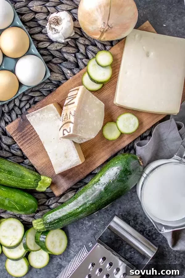 Ingredients for making a delicious baked zucchini casserole laid out on a wooden surface