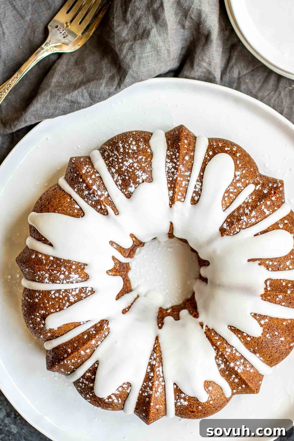 Sock it to Me Cake bundt on white platter