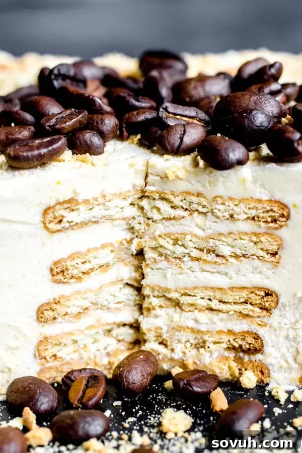 Close-up of the inside of a Bolo de Bolacha biscuit cake, showing distinct layers of biscuits and cream.