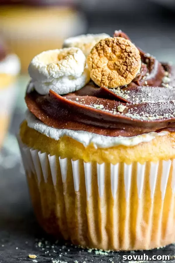 Vertical shot of a S'mores Cupcake, showcasing its fluffy texture, marshmallow center, and rich chocolate frosting.