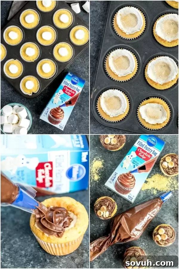 Step-by-step visual guide on making S'mores Cupcakes, from mixing ingredients to adding marshmallows and frosting.