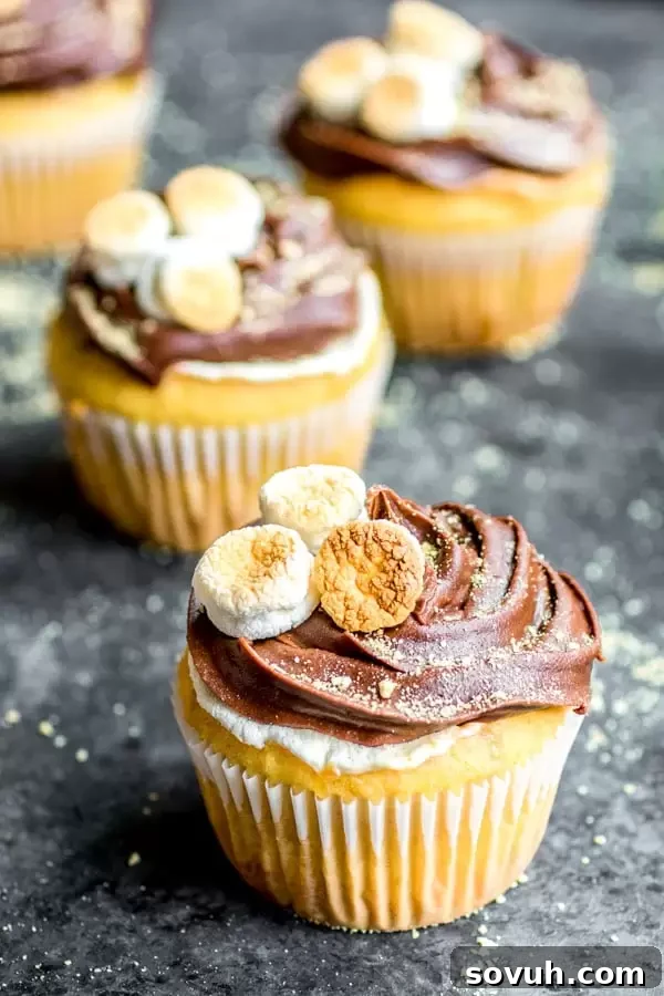 Close-up of a S'mores Cupcake, showing the yellow cake base, marshmallow filling, and generous chocolate frosting.