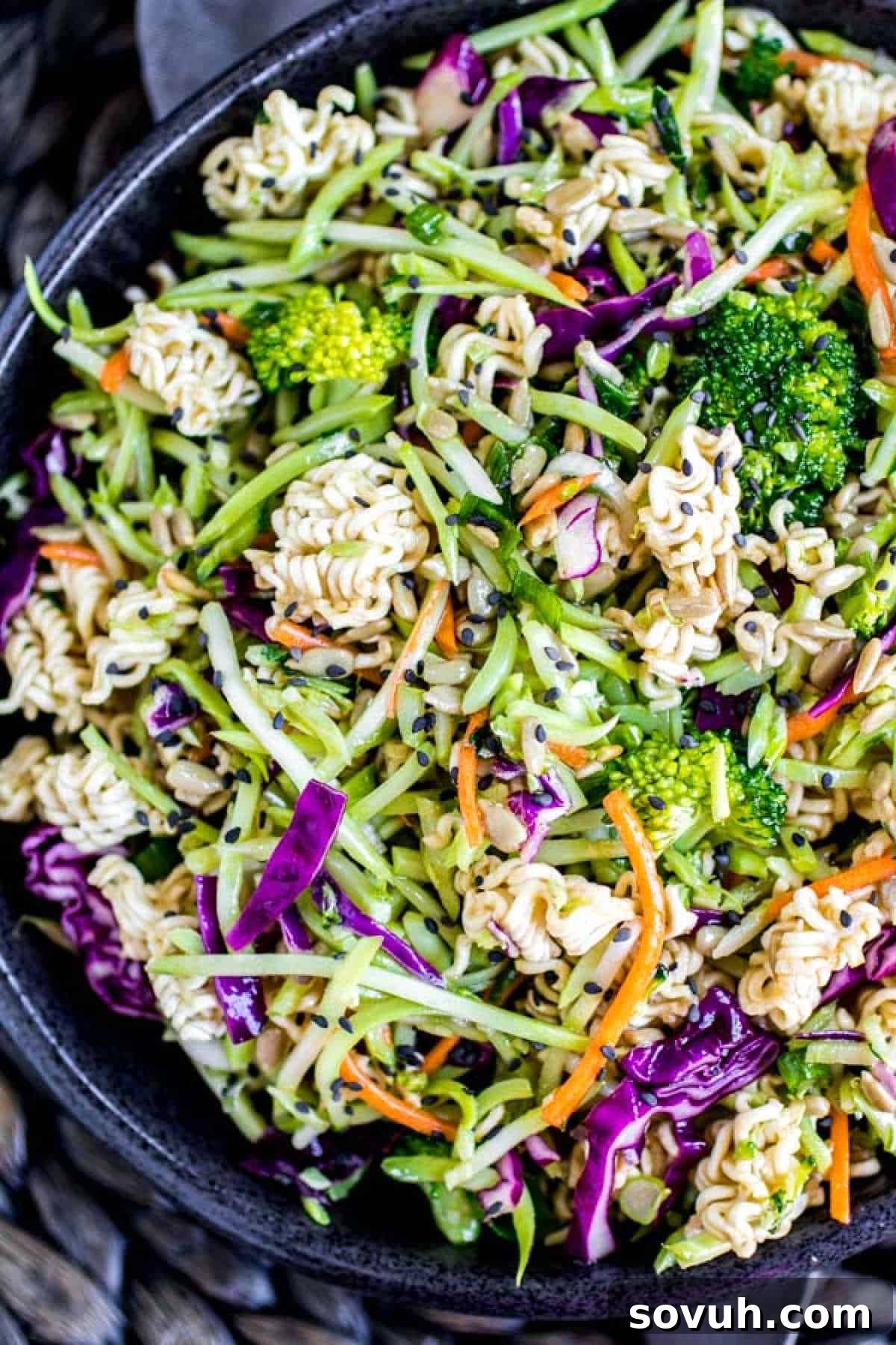 Crispy Ramen Slaw 4 Ramen Noodle Salad in a black bowl