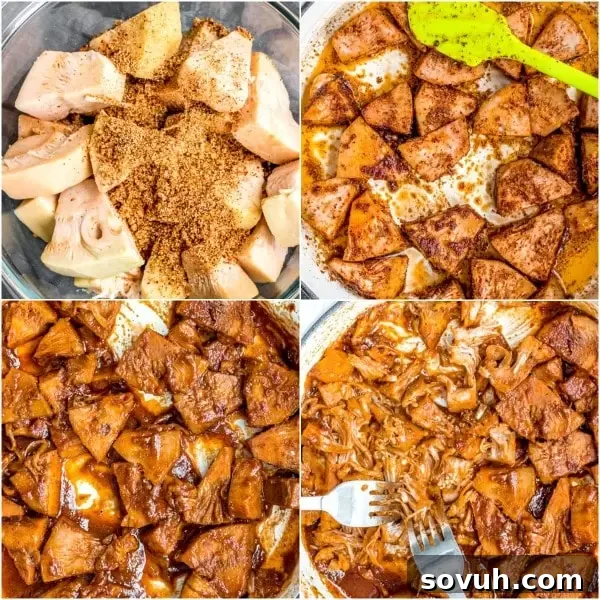 Smoky Pulled Jackfruit Sliders 4 Step-by-step image showing how to make BBQ Jackfruit Sliders, specifically demonstrating the sauteing process in a hot skillet