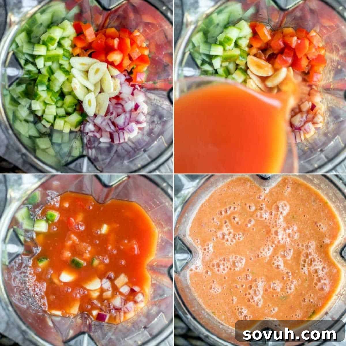 Step-by-step imagery showing ingredients being blended for Gazpacho Soup, emphasizing the ease of preparation in a high-speed blender.
