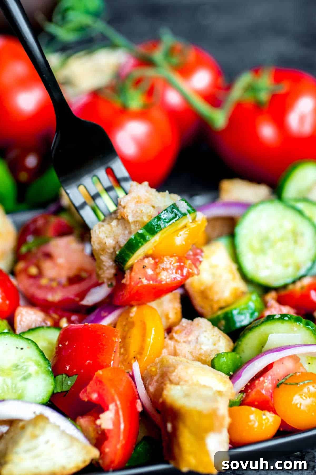 Panzanella Salad on a fork