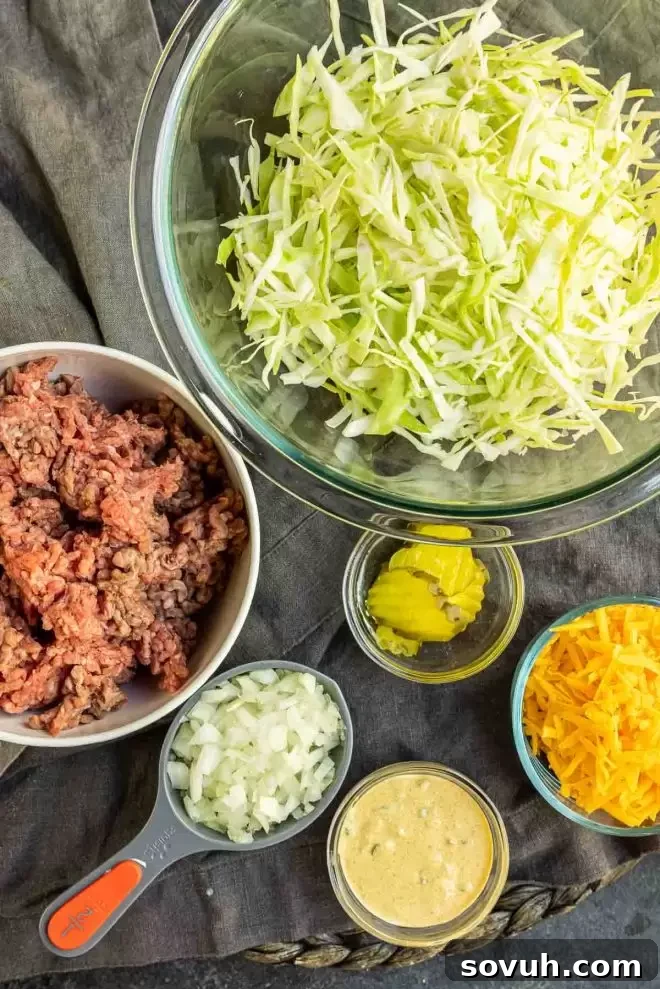 Unbunned Big Mac Keto Bowl 3 ingredients for Keto Big Mac Bowl