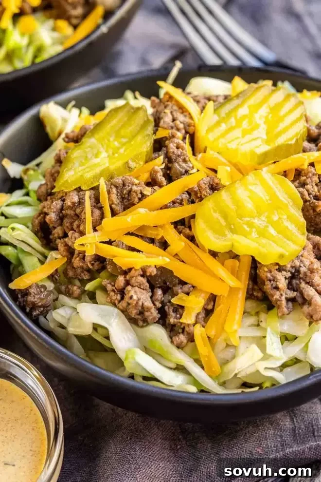 Unbunned Big Mac Keto Bowl 4 Keto Big Mac Bowl in a black bowl