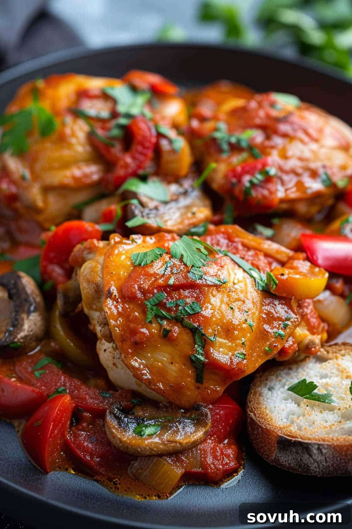 A close-up of a dish featuring Slow Cooker Chicken Cacciatore in a tomato-based sauce with mushrooms and bell peppers, garnished with fresh parsley, accompanied by slices of bread on a black plate.